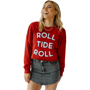 Gameday Social Women's Alabama Crimson Tide Crimson Chenille Cropped Crewneck Sweatshirt, Medium, Red