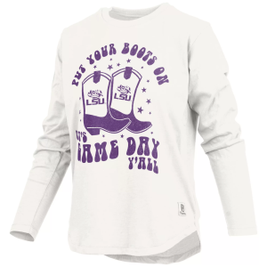 Pressbox Women's LSU Tigers White Gameday Boots Long Sleeve T-Shirt, Small