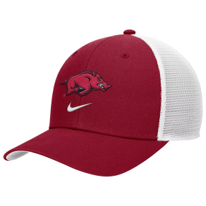 Nike Adult Arkansas Razorbacks Team Crimson Rise Logo Swoosh Trucker Hat, Men's, Medium/Large, Red