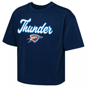 NBA Girls' Oklahoma City Thunder Navy In And Out Boxy T-Shirt, Large, Blue