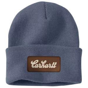 Carhartt Men's Cuffed Script Patch Beanie, Bluestone
