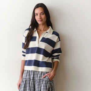 Marine Layer Women's Luxe Sueded Polo, Medium, Navy/White Stripe