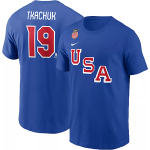 Nike Men's Olympics USA Hockey Royal Matthew Tkachuk #19 T-Shirt, Small, Blue