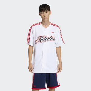 adidas Originals Men's Summer League Varsity Baseball Jersey, Medium, White/Better Scarlet