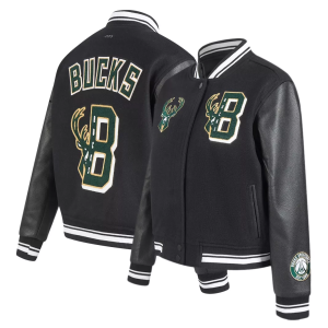 Pro Standard Women's Milwaukee Bucks Black Mash Up Rib Wool Varsity Jacket, XS