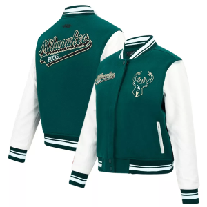 Pro Standard Women's Milwaukee Bucks Green Script Tail Wool Varsity Jacket, XS