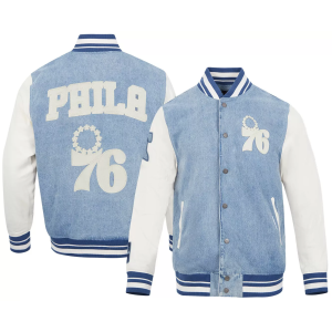 Pro Standard Men's Philadelphia 76ers Denim Varsity Jacket, Medium, Blue