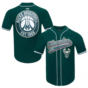 Pro Standard Men's Milwaukee Bucks Green Script Tail Mesh Button Down Shirt, Small
