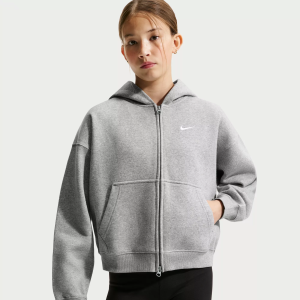 Nike Girls' Studio Fleece Oversized Full-Zip Hoodie, Small, Dk Grey Heather/Particle Grey/(White)