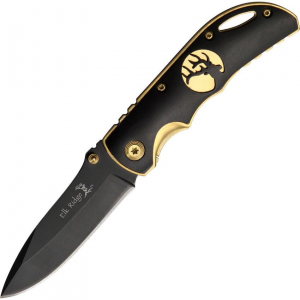Elk Ridge 134 Linerlock Folding Pocket Knife with Gold Ti Finish Aluminum Frame Black Onlay Handles