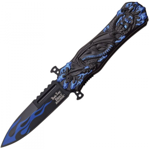 Dark Side 049BL Assisted Opening Linerlock Folding Pocket Knife with Blue and Black Dragon Flame Artwork Handle