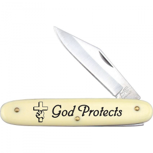 Frost NB1 Novelty God Protects Folding Pocket Knife with Composition Handle
