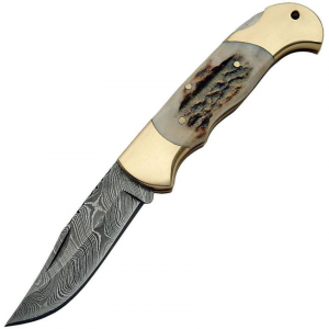 Damascus 1162SG Lockback Folding Pocket Knife with Stag Bone Handle
