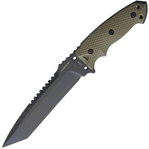 Hogue 35108 EX F01 Fixed Black Finish Sawback Steel Tanto Blade Knife with OD Green Checkered G-10 Handle