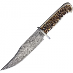 BucknBear 123213 Kings Bowie Damascus Steel Clip Point Blade Knife with Stag Handle