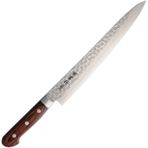 Kanetsune 906 Damascus Steel Blade Sujihiki Knife with Brown Laminated Wood Handle