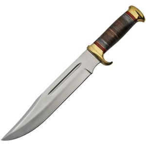 Pakistan 203413 Bowie Satin Fixed Blade Knife Pakkawood Leather Handles