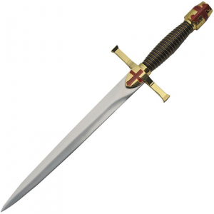 China Made 211474 Gold Crusader Dagger Satin Fixed Blade Knife Black Handles