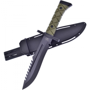 Frost TX44B Bowie Black Fixed Blade Knife Green Synthetic Handles