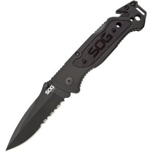 SOG FF25CP Escape Black Part Serrated Lockback Knife Black Handles