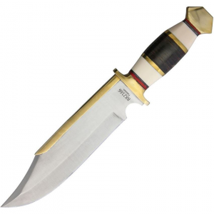 Rough Ryder 2166 Bowie With Brass Satin Fixed Blade Knife Stacked Leather Handles