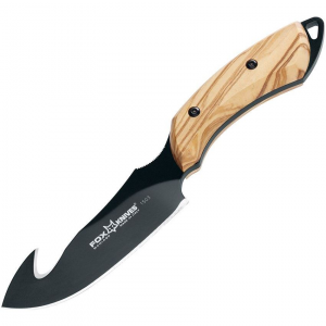 Fox 1503OL European Hunter Guthook Black Fixed Blade Knife Olivewood Handles