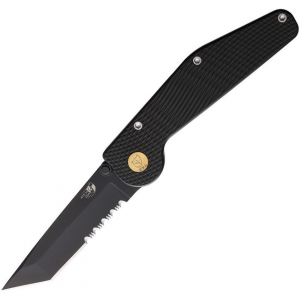 GT Knives 304 Auto Part Serrated Tanto Button Lock Knife Black Handles