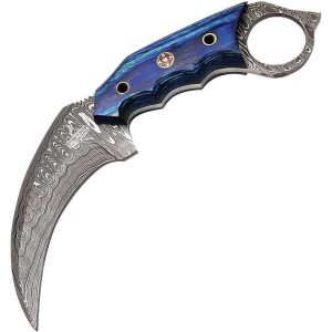 FH KMBT001 Damascus Karambit Fixed Blade Knife Blue Handles