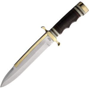 Rough Rider 2203 Bowie Satin Fixed Blade Knife Stacked Leather Handles