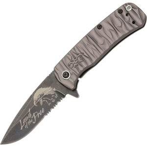 Browning 0486B Patriot Part Serrtaed Framelock Knife Gray Handles