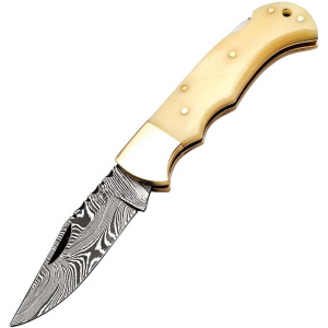 FH BNE001 Damascus Clip Point Lockback Knife Natural Smooth Bone Handles
