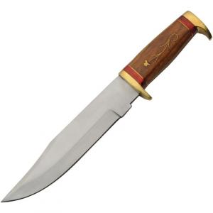 Pakistan 203458 Hunter Brass Wood Satin Fixed Blade Knife Brown/Red Handles