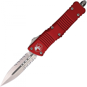 Microtech 14211RD Auto Combat Troodon Stonewashed Part Serrated Double Edge OTF Knife Red Handles