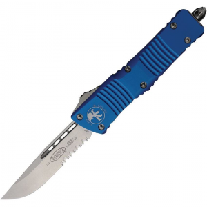 Microtech 14311BL Auto Combat Troodon Stonewashed Part Serrated Single Edge OTF Knife Blue Handles
