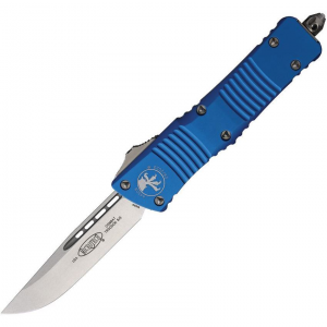 Microtech 14310BL Auto Combat Troodon Stonewashed Single Edge OTF Knife Blue Handles
