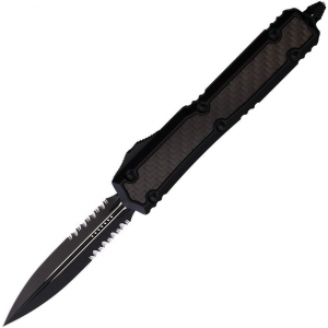 Microtech 2062TCFIS Auto Makora Black Cerakote Part Serrated Double Edge OTF Knife Black\Carbon Fiber Handles