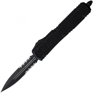 Microtech 2062TS Auto Makora Black Cerakote Part Serrated Double Edge OTF Knife Black\Black Handles