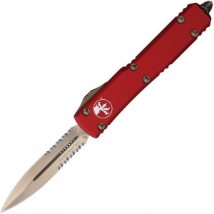 Microtech 12214RD Auto Ultratech Bronze Part Serrated Double Edge OTF Knife Red Handles