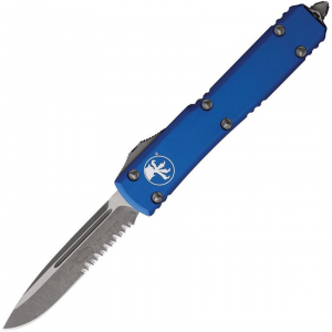 Microtech 12111APBL Auto Ultratech Apocalyptic Part Serrated Single Edge OTF Knife Blue Handles