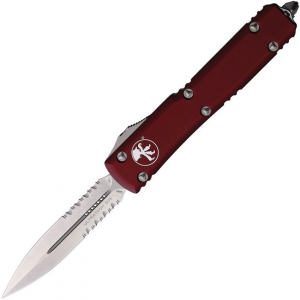 Microtech 12211MR Auto Ultratech Stonewashed Part Serrated Double Edge OTF Knife Merlot Handles