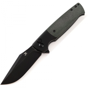 Kansept 2027B3 Shikari SBL Black Stonewashed Button Lock Knife Black/Green Handles