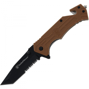 Smith & Wesson P1200647 H.R.T. Black Part Serrated Assist Open Linerlock Knife Brown Handles