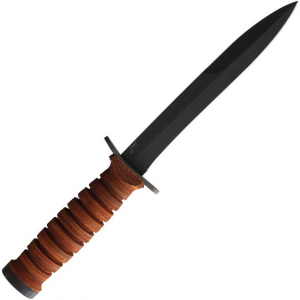 Ontario 8155SEC Trench Knife Second Black Fixed Blade Knife Grooved Stacked Leather Handles