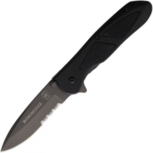 Winchester 1436 Part Serrated Linerlock Knife Black Handles