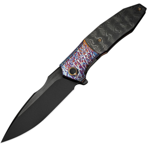 We 230913 Archeozoic Black Stonewash Interframe Lock Knife Flame/Rose Handles