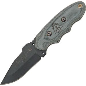 TOPS S010 Tom Scout Fixed Black Traction Coated Blade Knife with Black Linen Micarta Handles