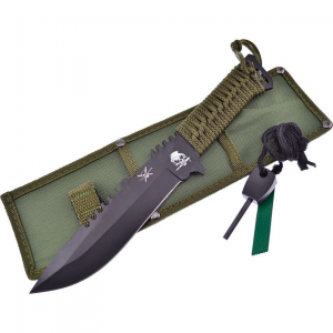 Frost TX3801B Fixed Black Finish Blade Knife with OD Green Cord Wrapped Handle