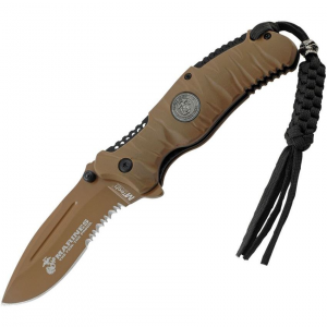 USMC 1020TN Reaper Assisted Opening Spear Point Linerlock Folding Pocket Knife with Desert Tan Rubberized Handles