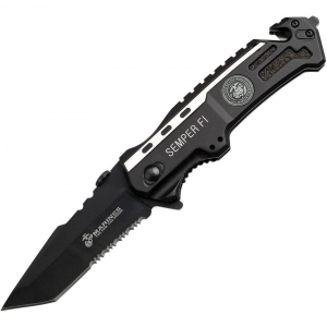 USMC 1002TS Marines Rescue Assisted Opening Tanto Point Linerlock Folding Pocket Knife with Black Aluminum Handle