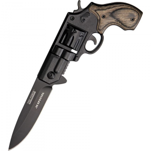 Tac Force 760BGY Revolver Assisted Opening Linerlock Folding Pocket Knife with Black and Gray Wood Handgun Handles